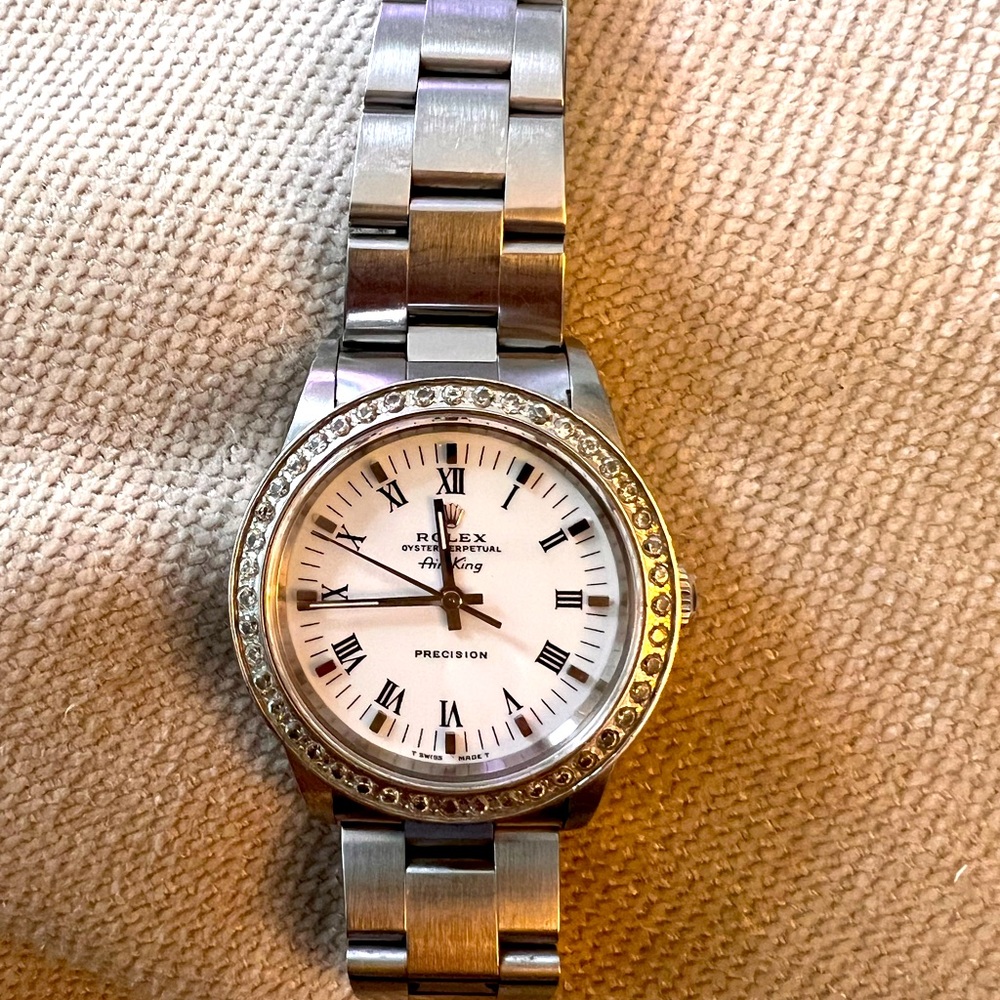 ROLEX AIR KING WHITE INDEX-ROMAN DIAL INCLUDES ORIGINAL BEZEL & CZ DIAMOND BEZEL